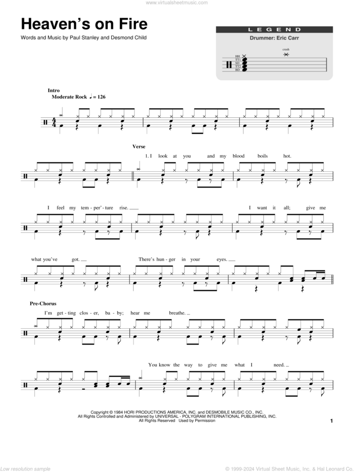 Heaven's On Fire sheet music for drums by KISS, Desmond Child and Paul Stanley, intermediate skill level