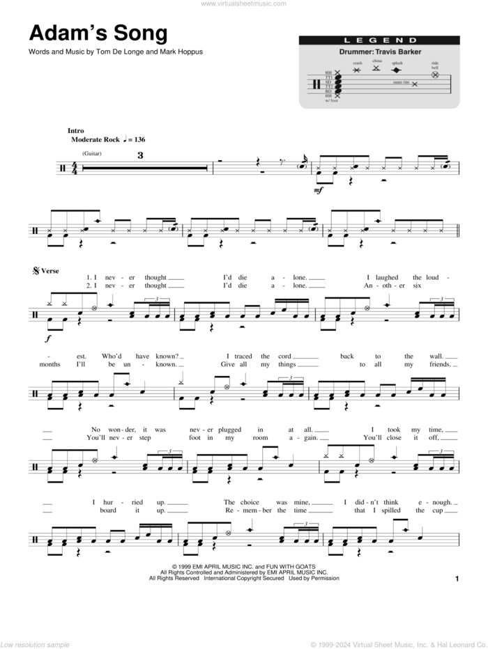 Adam's Song sheet music for drums by Blink 182, Mark Hoppus and Tom DeLonge, intermediate skill level