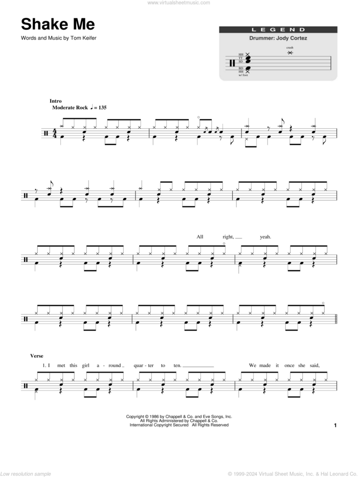 Shake Me sheet music for drums by Cinderella and Tom Keifer, intermediate skill level