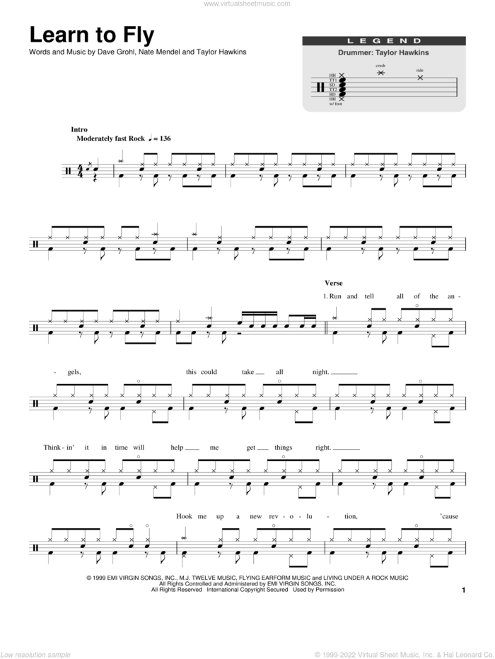 Learn To Fly sheet music for drums by Foo Fighters, Dave Grohl, Nate Mendel and Taylor Hawkins, intermediate skill level