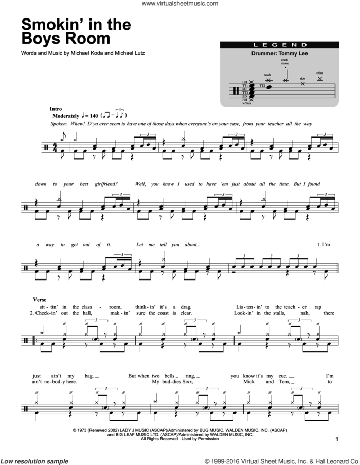 Smokin' In The Boys Room sheet music for drums by Motley Crue, Brownsville Station, Michael Koda and Michael Lutz, intermediate skill level