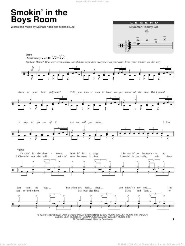 Smokin' In The Boys Room sheet music for drums by Motley Crue, Brownsville Station, Michael Koda and Michael Lutz, intermediate skill level