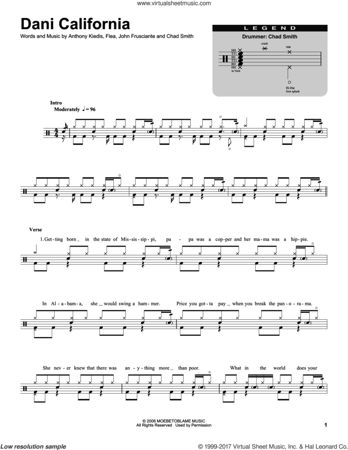 Dani California sheet music for drums by Red Hot Chili Peppers, Anthony Kiedis, Chad Smith, Flea and John Frusciante, classical score, intermediate skill level