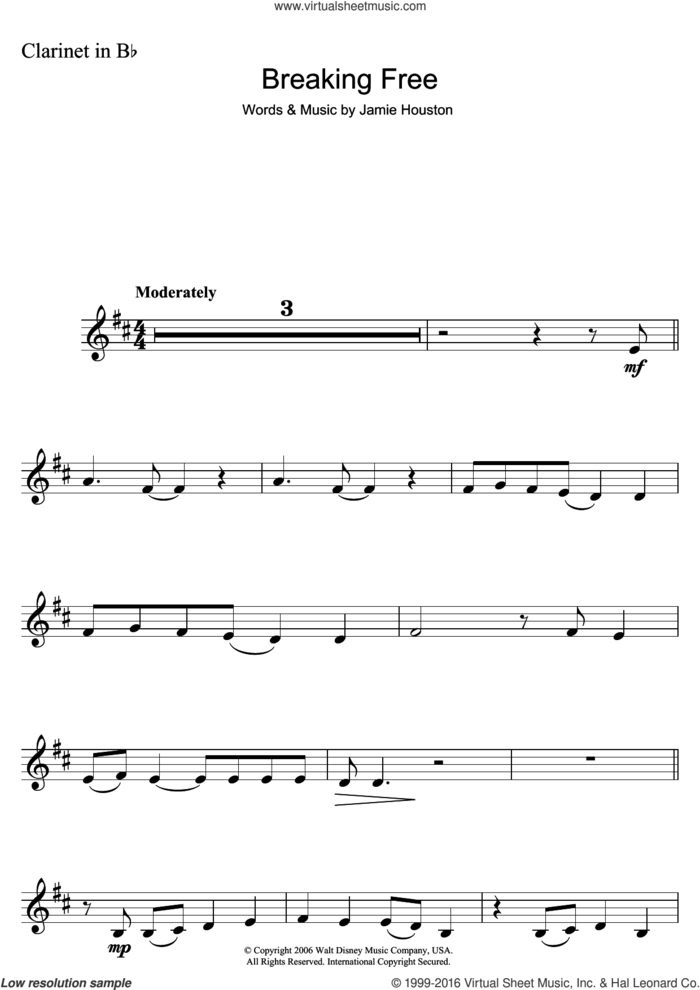 Breaking Free (from High School Musical) sheet music for clarinet solo by Jamie Houston, Vanessa Hudgens, Zac Efron and Zac Efron and Vanessa Anne Hudgens, intermediate skill level