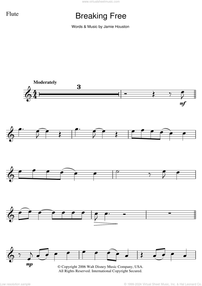 Breaking Free (from High School Musical) sheet music for flute solo by Jamie Houston, Vanessa Hudgens, Zac Efron and Zac Efron and Vanessa Anne Hudgens, intermediate skill level