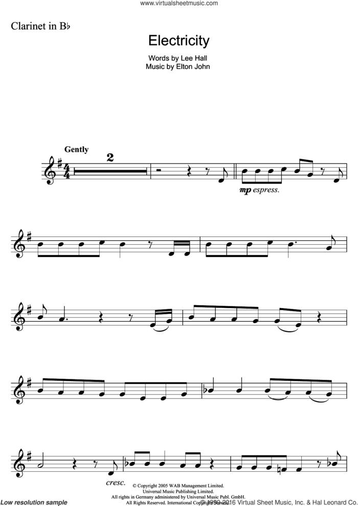 Electricity (from Billy Elliot: The Musical) sheet music for clarinet solo by Elton John and Lee Hall, intermediate skill level