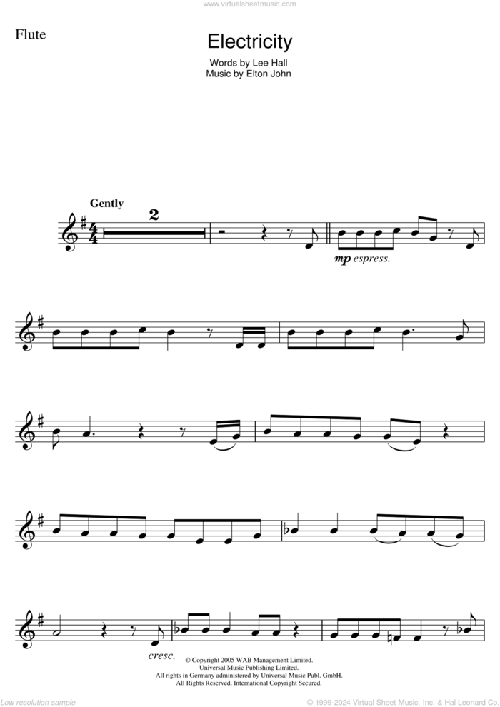 Electricity (from Billy Elliot: The Musical) sheet music for flute solo by Elton John and Lee Hall, intermediate skill level