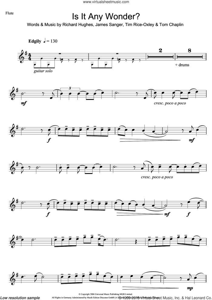 Is It Any Wonder? sheet music for flute solo by Tim Rice-Oxley, James Sanger, Richard Hughes and Tom Chaplin, intermediate skill level