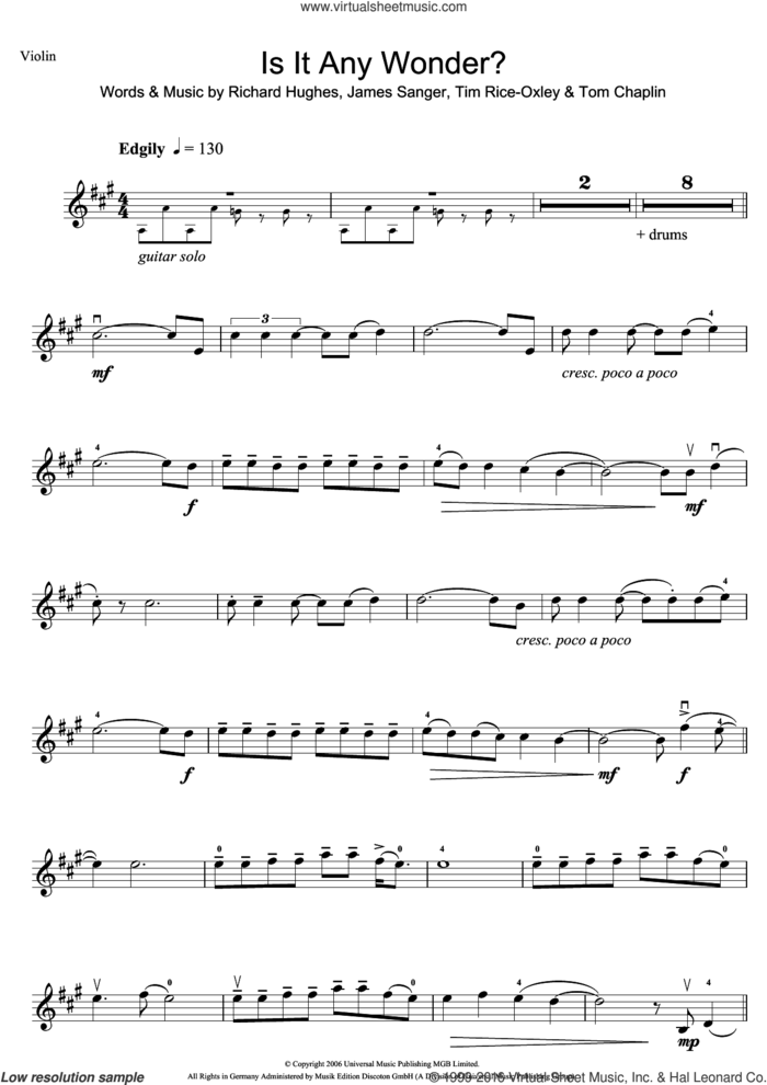 Is It Any Wonder? sheet music for violin solo by Tim Rice-Oxley, James Sanger, Richard Hughes and Tom Chaplin, intermediate skill level