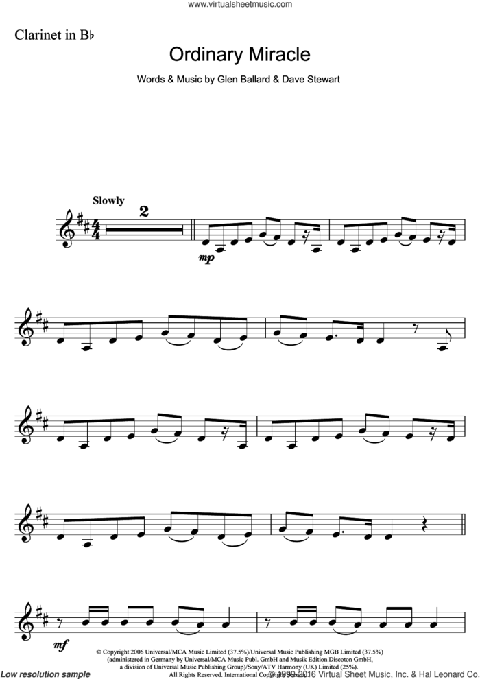 Ordinary Miracle (from Charlotte's Web) sheet music for clarinet solo by Sarah McLachlan, Dave Stewart and Glen Ballard, intermediate skill level