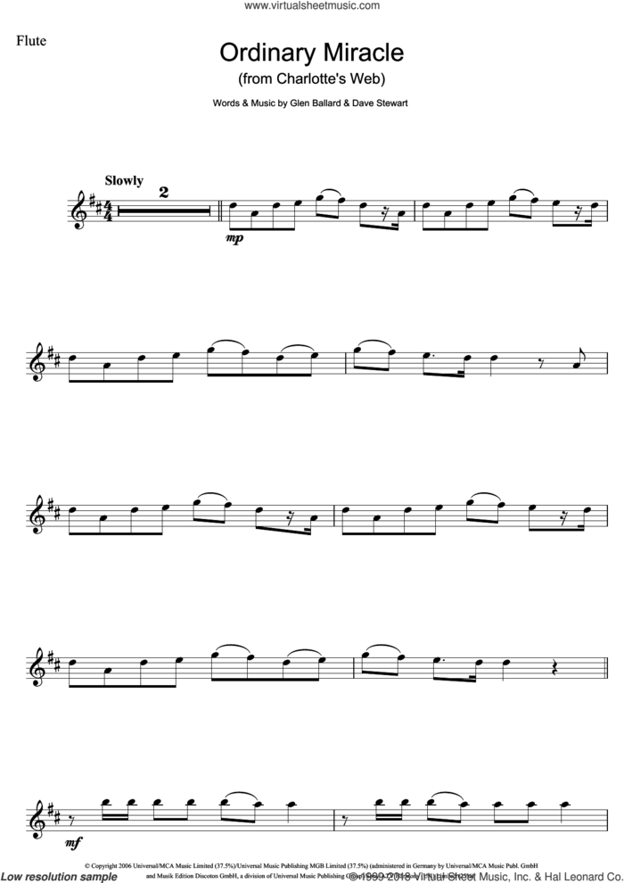 Ordinary Miracle (from Charlotte's Web) sheet music for flute solo by Sarah McLachlan, Dave Stewart and Glen Ballard, intermediate skill level