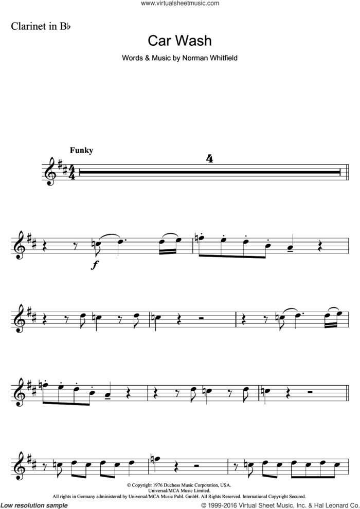 Car Wash sheet music for clarinet solo by Rose Royce, Christina Aguilera and Norman Whitfield, intermediate skill level