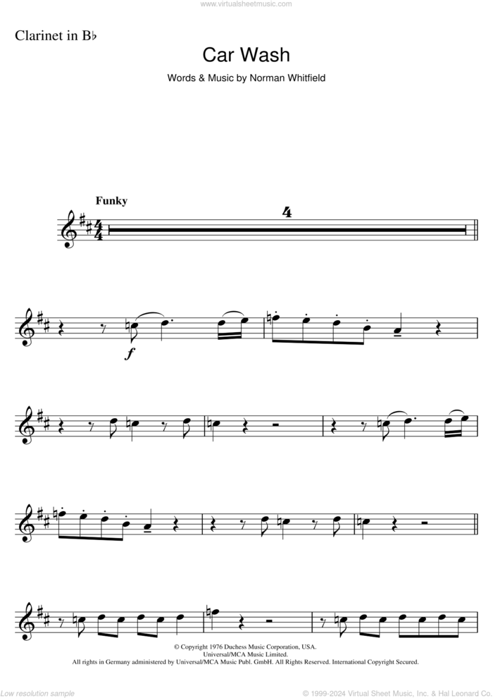 Car Wash sheet music for clarinet solo by Rose Royce, Christina Aguilera and Norman Whitfield, intermediate skill level