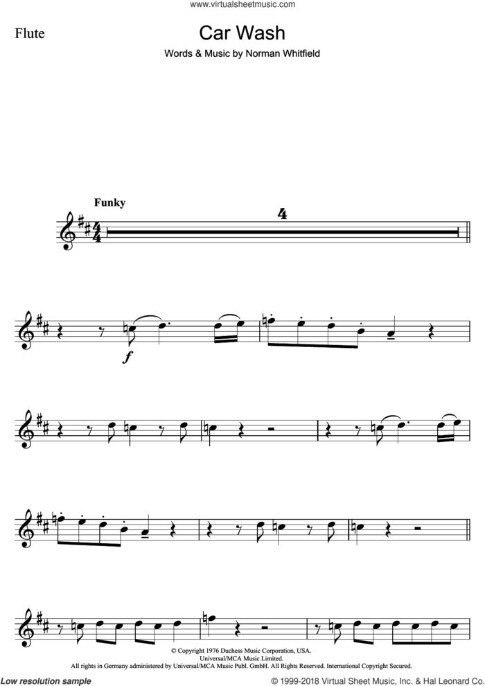 Car Wash sheet music for flute solo by Rose Royce, Christina Aguilera and Norman Whitfield, intermediate skill level