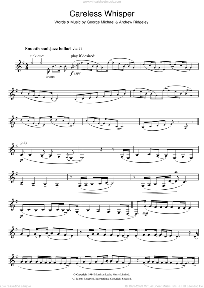 Careless Whisper sheet music for clarinet solo by George Michael and Andrew Ridgeley, intermediate skill level