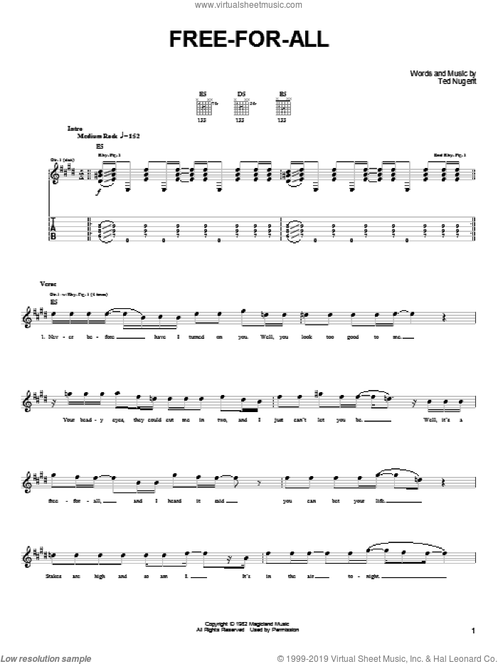 Free-For-All sheet music for guitar solo (easy tablature) by Ted Nugent, easy guitar (easy tablature)