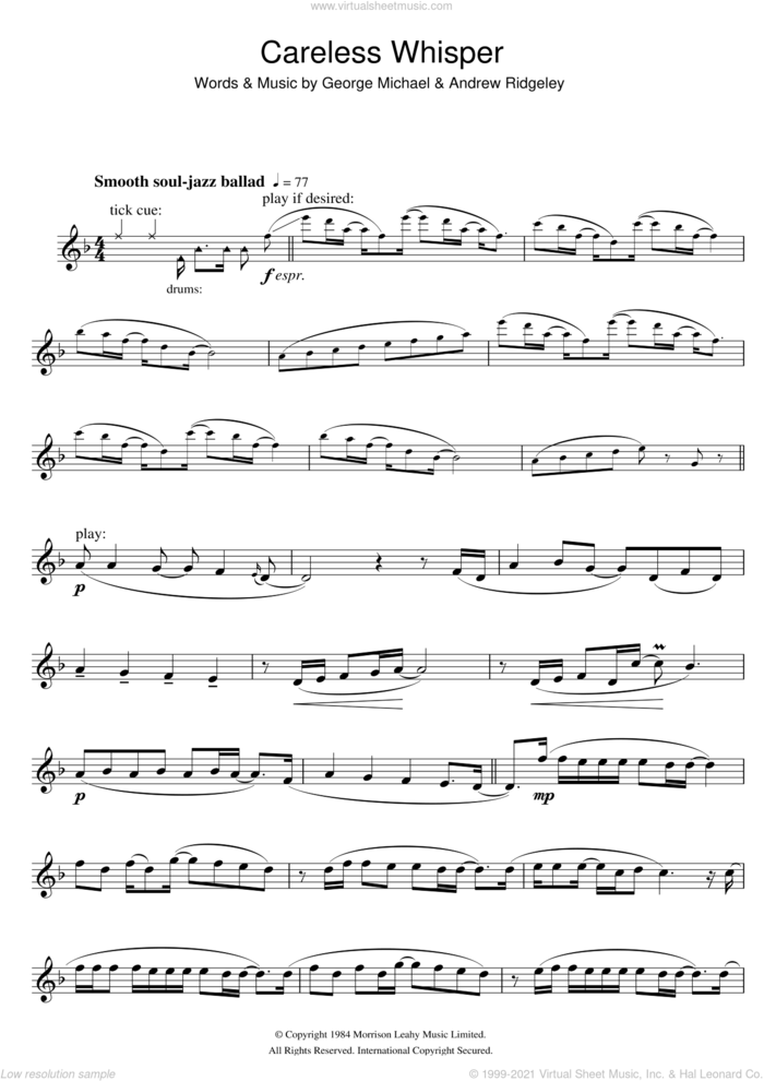 Careless Whisper sheet music for flute solo by George Michael and Andrew Ridgeley, intermediate skill level