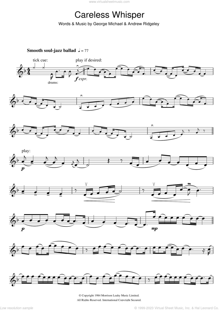 Careless Whisper sheet music for violin solo by George Michael and Andrew Ridgeley, intermediate skill level