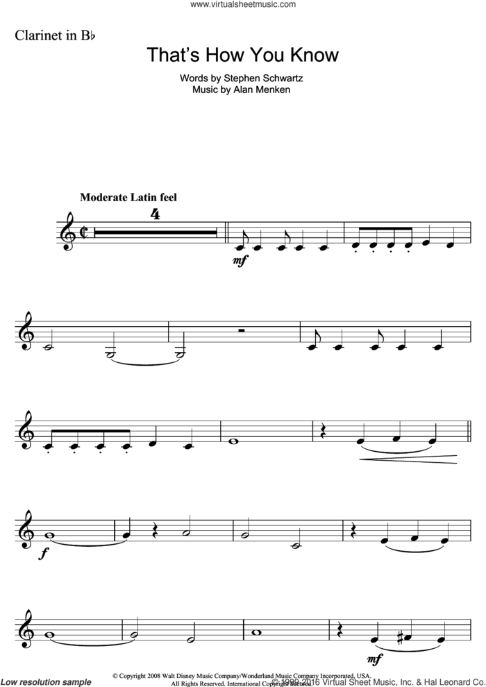That's How You Know (from Enchanted) sheet music for clarinet solo by Amy Adams, Alan Menken and Stephen Schwartz, intermediate skill level