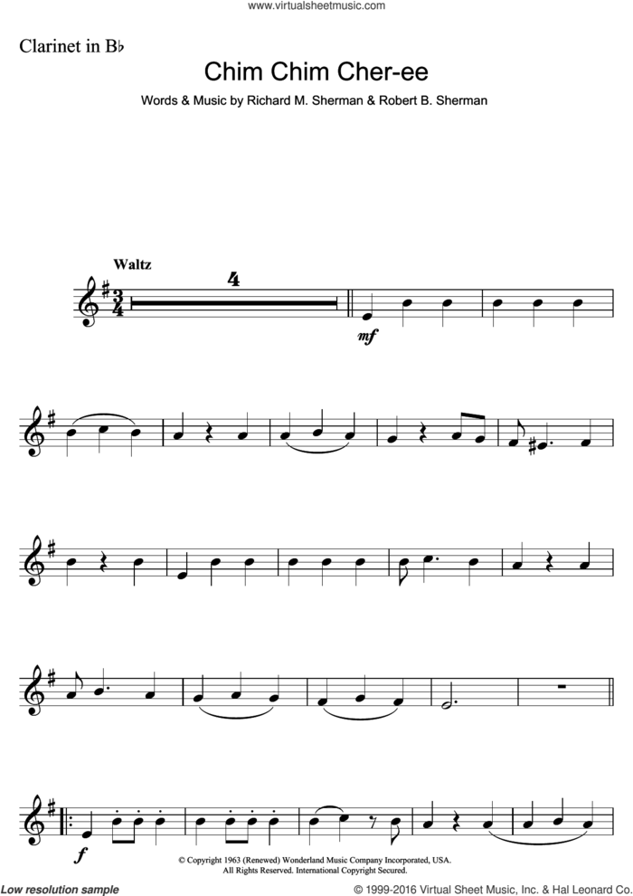 Chim Chim Cher-ee (from Mary Poppins) sheet music for clarinet solo by Dick Van Dyke, Richard M. Sherman and Robert B. Sherman, intermediate skill level