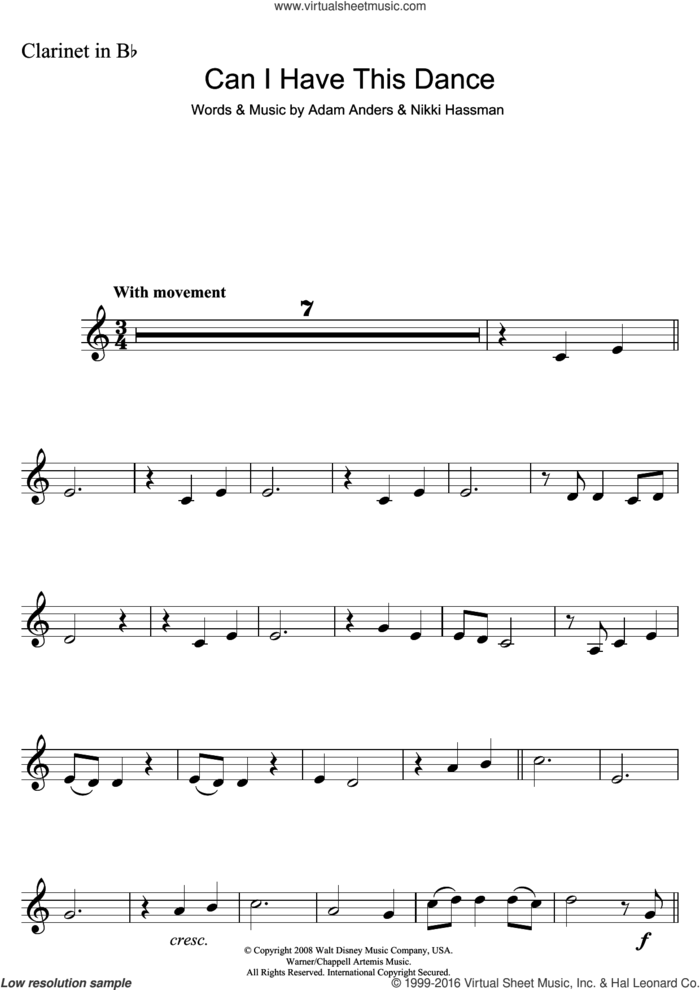 Can I Have This Dance (from High School Musical 3) sheet music for clarinet solo by Vanessa Hudgens, Adam Anders and Nikki Hassman, intermediate skill level