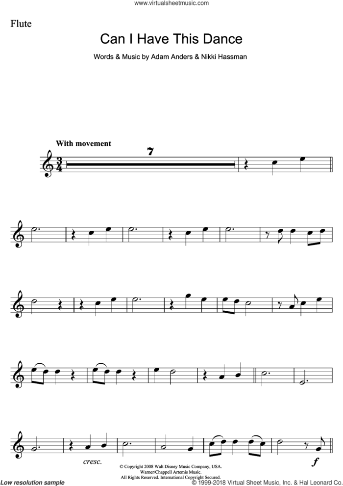Can I Have This Dance (from High School Musical 3) sheet music for flute solo by Vanessa Hudgens, Adam Anders and Nikki Hassman, intermediate skill level