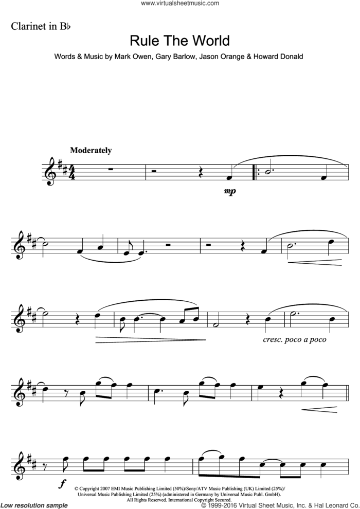 Rule The World (from Stardust) sheet music for clarinet solo by Take That, Gary Barlow, Howard Donald, Jason Orange and Mark Owen, intermediate skill level