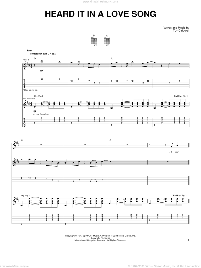 Heard It In A Love Song sheet music for guitar solo (easy tablature) by Marshall Tucker Band and Toy Caldwell, easy guitar (easy tablature)