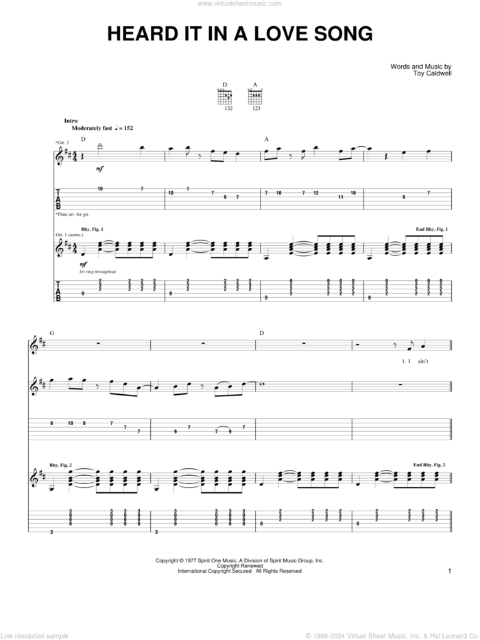 Heard It In A Love Song sheet music for guitar solo (easy tablature) by Marshall Tucker Band and Toy Caldwell, easy guitar (easy tablature)