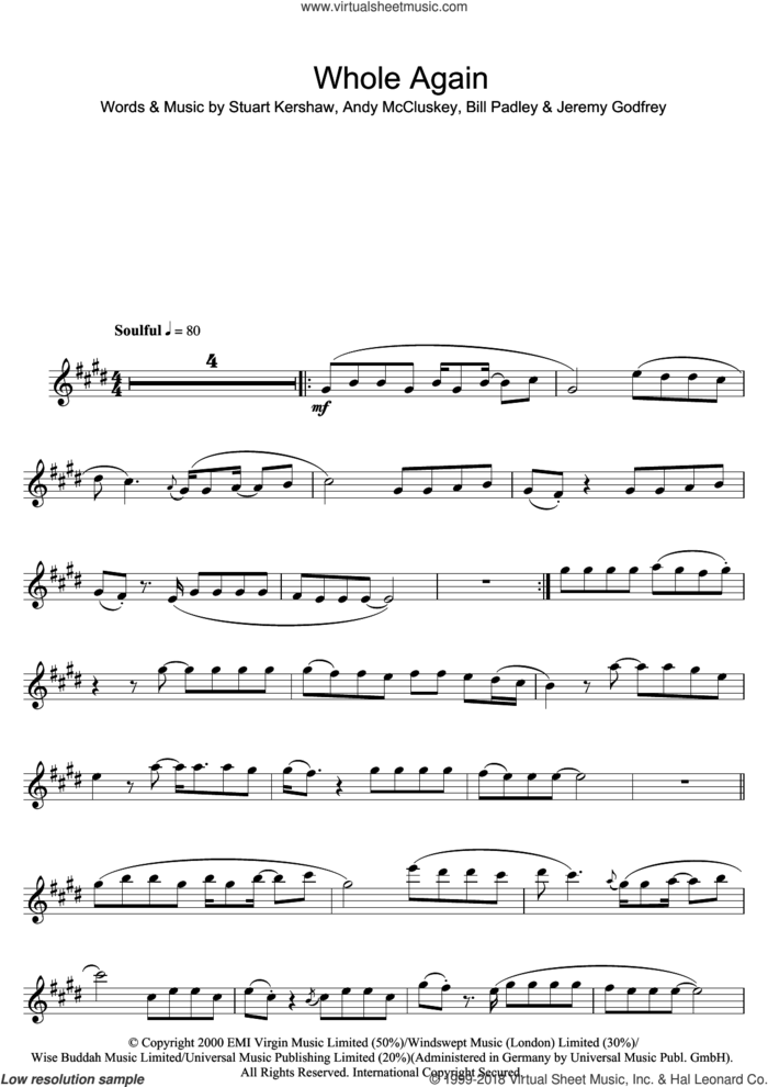 Whole Again sheet music for flute solo by Atomic Kitten, Andy McCluskey, Bill Padley, Jem Godfrey and Stuart Kershaw, intermediate skill level