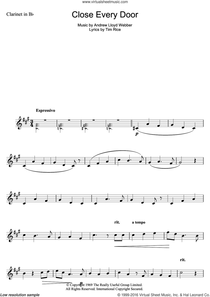 Close Every Door (from Joseph And The Amazing Technicolor Dreamcoat) sheet music for clarinet solo by Andrew Lloyd Webber and Tim Rice, intermediate skill level