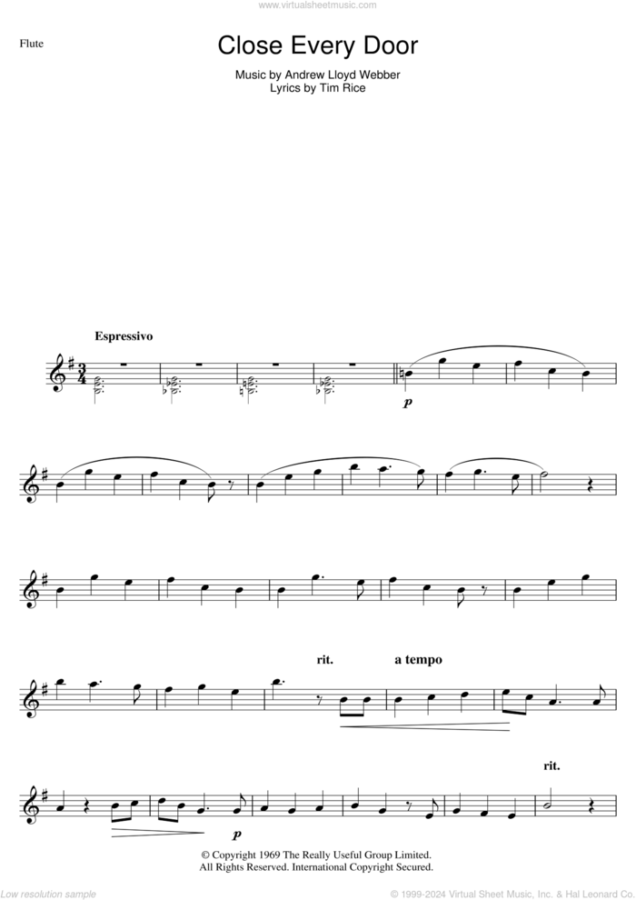 Close Every Door (from Joseph And The Amazing Technicolor Dreamcoat) sheet music for flute solo by Andrew Lloyd Webber and Tim Rice, intermediate skill level