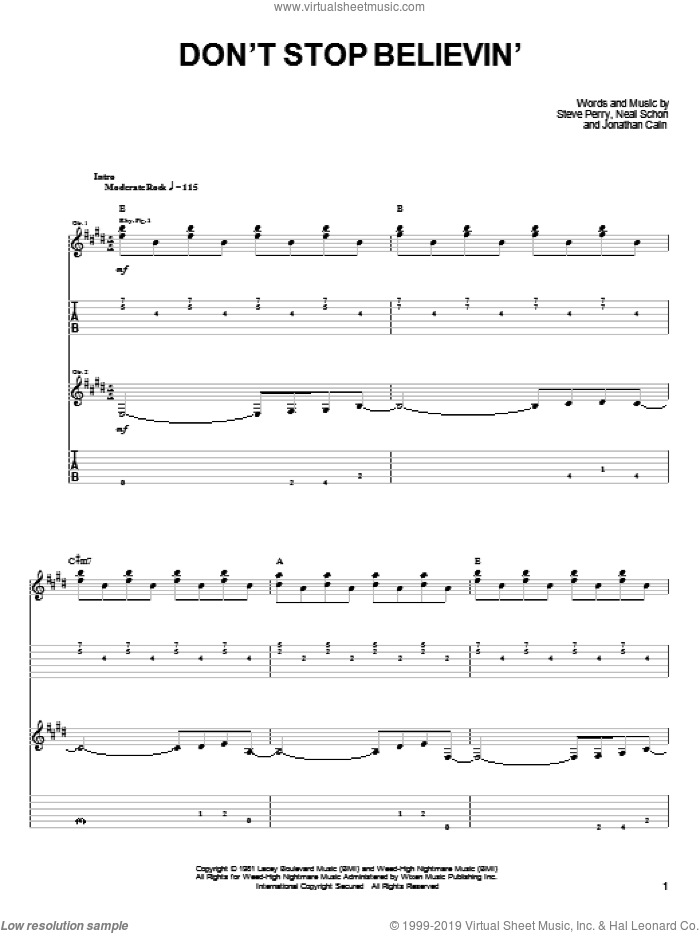 Don't Stop Believin' sheet music for guitar solo (easy tablature) by Journey, Jonathan Cain, Neal Schon and Steve Perry, easy guitar (easy tablature)