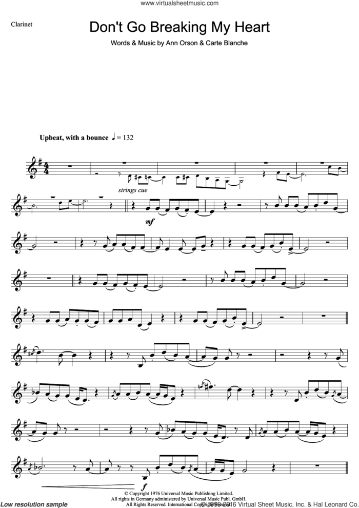 Don't Go Breaking My Heart sheet music for clarinet solo by Elton John, Ann Orson and Carte Blanche, intermediate skill level
