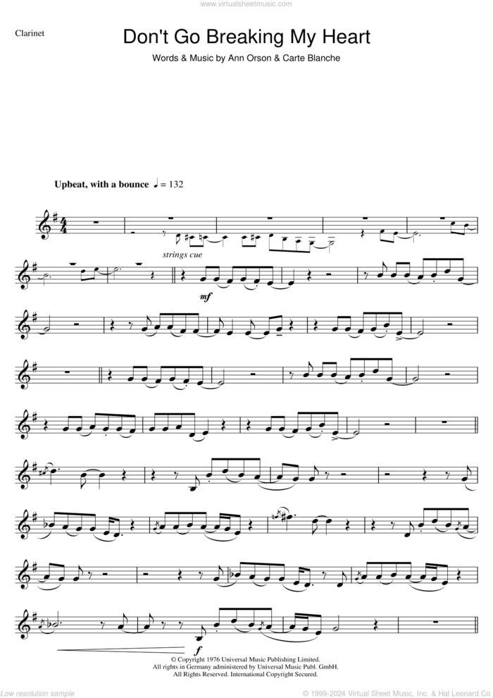 Don't Go Breaking My Heart sheet music for clarinet solo by Elton John, Ann Orson and Carte Blanche, intermediate skill level