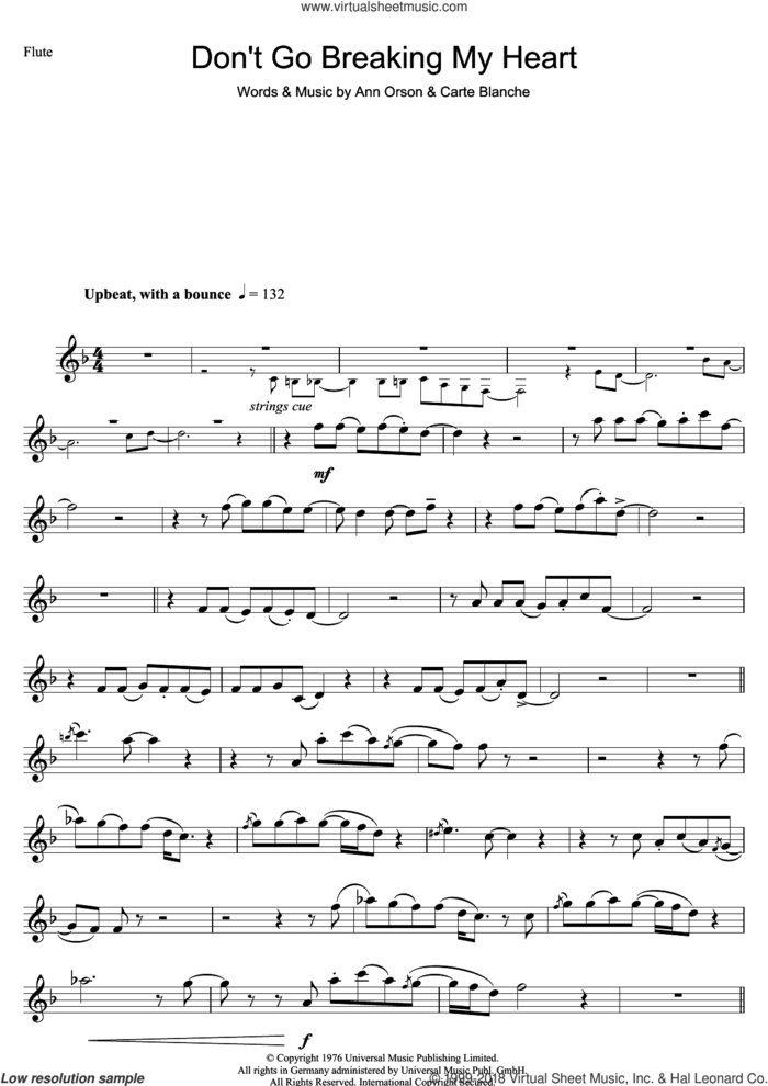 Don't Go Breaking My Heart sheet music for flute solo by Elton John, Ann Orson and Carte Blanche, intermediate skill level