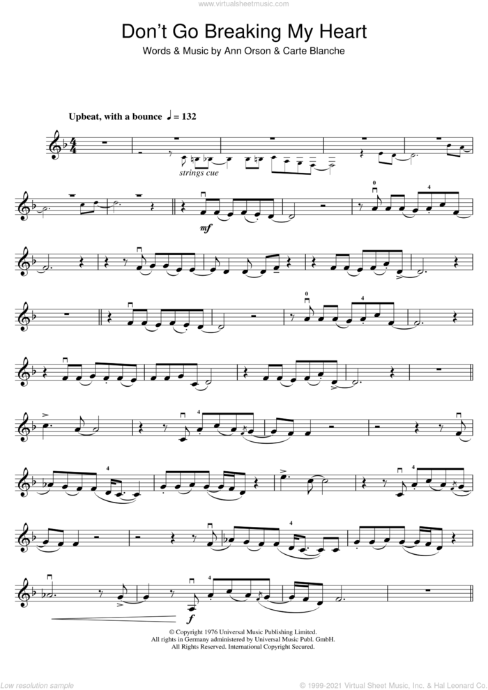 Don't Go Breaking My Heart sheet music for violin solo by Elton John, Ann Orson and Carte Blanche, intermediate skill level