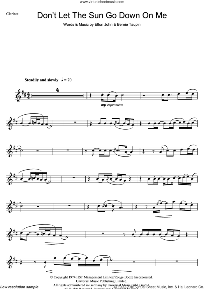 Don't Let The Sun Go Down On Me sheet music for clarinet solo by Elton John and Bernie Taupin, intermediate skill level