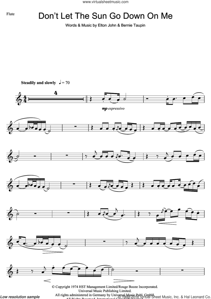 Don't Let The Sun Go Down On Me sheet music for flute solo by Elton John and Bernie Taupin, intermediate skill level