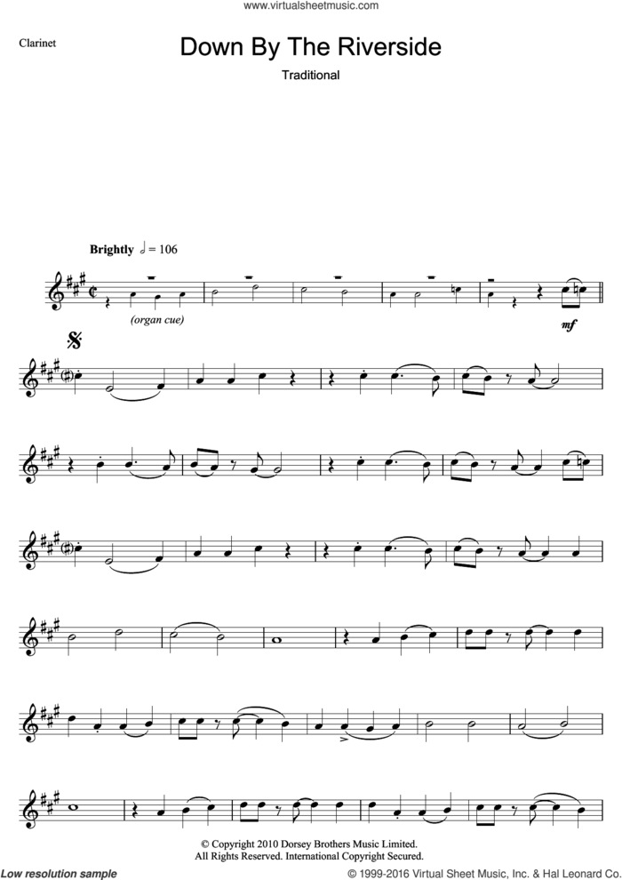 Down By The Riverside sheet music for clarinet solo, intermediate skill level