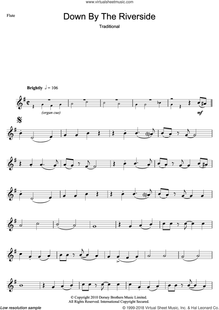 Down By The Riverside sheet music for flute solo, intermediate skill level