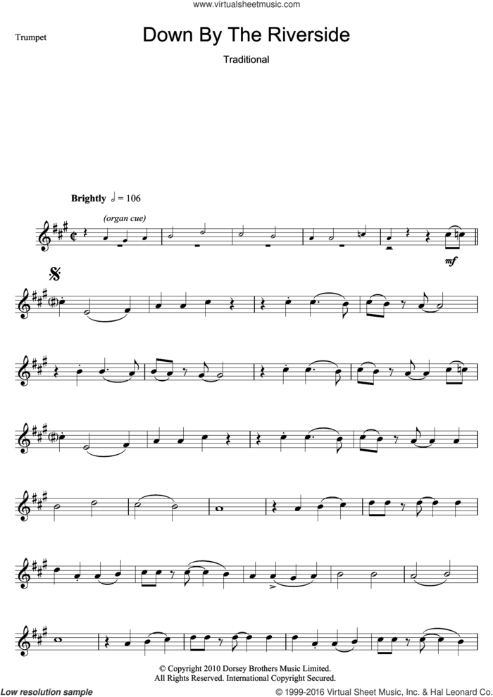 Down By The Riverside sheet music for trumpet solo, intermediate skill level