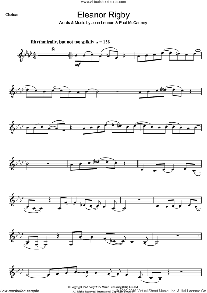 Eleanor Rigby sheet music for clarinet solo by The Beatles, John Lennon and Paul McCartney, intermediate skill level