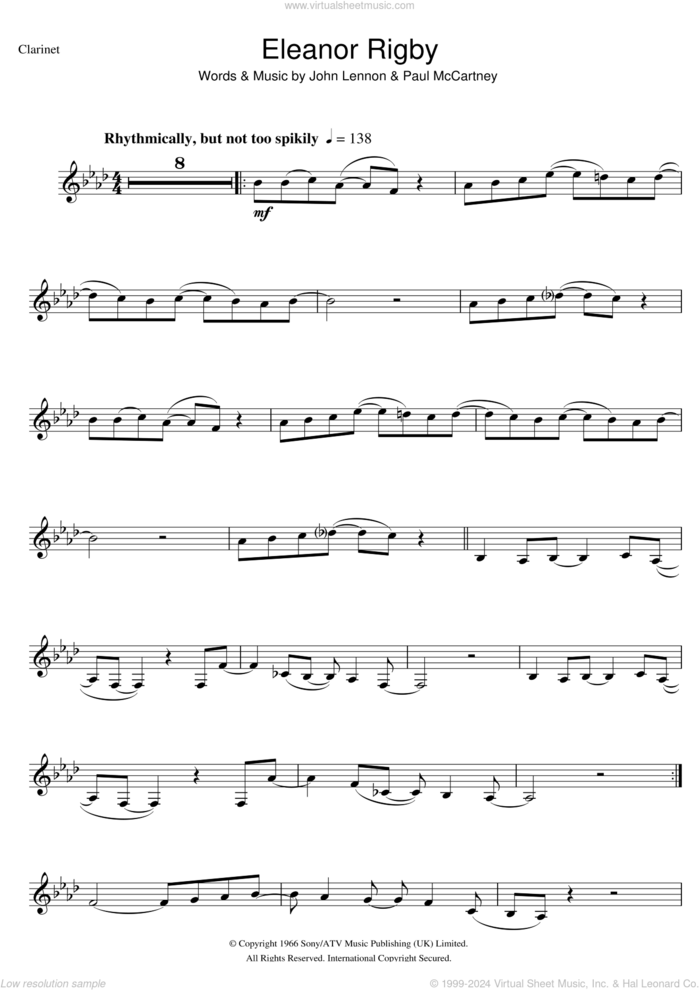 Eleanor Rigby sheet music for clarinet solo by The Beatles, John Lennon and Paul McCartney, intermediate skill level