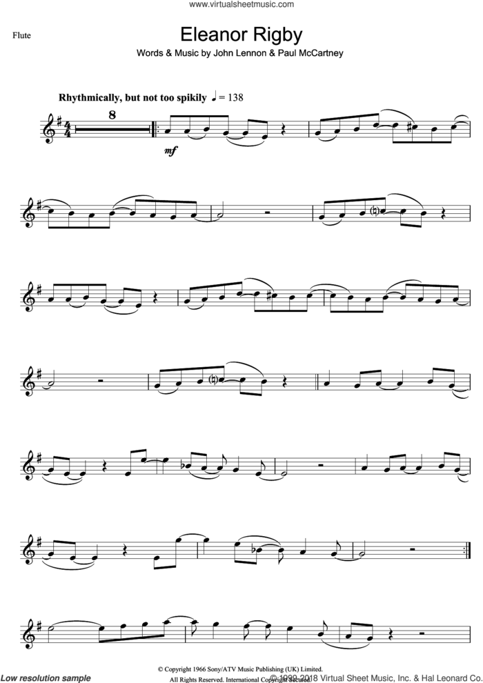Eleanor Rigby sheet music for flute solo by The Beatles, John Lennon and Paul McCartney, intermediate skill level