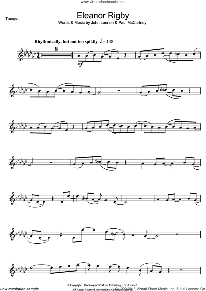 Eleanor Rigby sheet music for trumpet solo by The Beatles, John Lennon and Paul McCartney, intermediate skill level