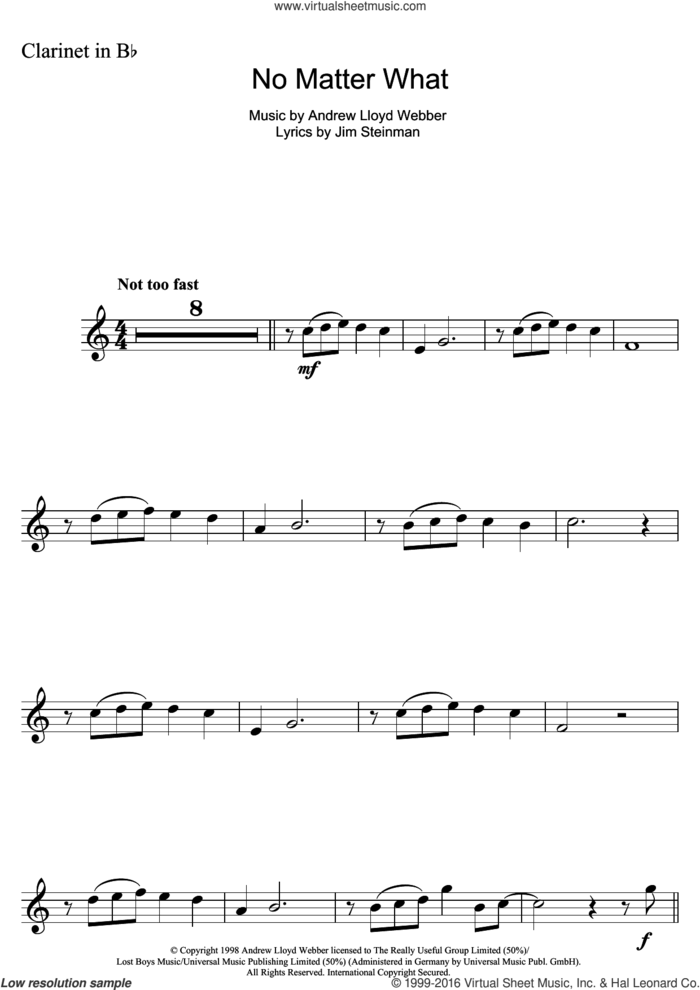 No Matter What (from Whistle Down The Wind) sheet music for clarinet solo by Andrew Lloyd Webber, Boyzone and Jim Steinman, intermediate skill level