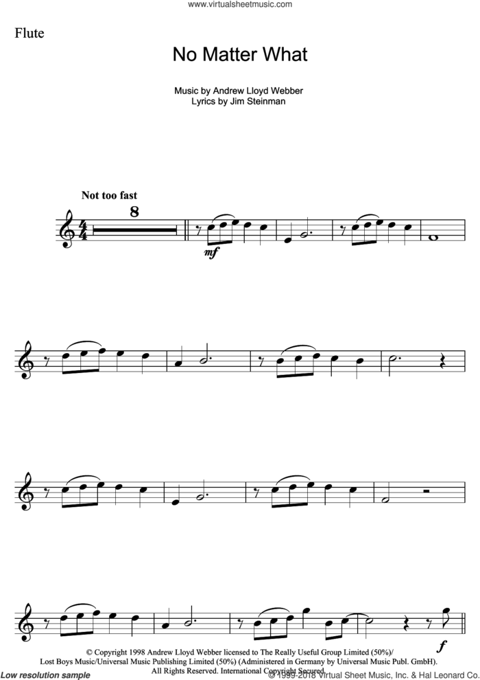 No Matter What (from Whistle Down The Wind) sheet music for flute solo by Andrew Lloyd Webber, Boyzone and Jim Steinman, intermediate skill level