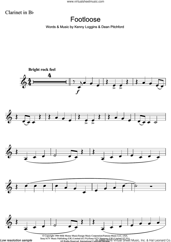 Footloose sheet music for clarinet solo by Kenny Loggins and Dean Pitchford, intermediate skill level