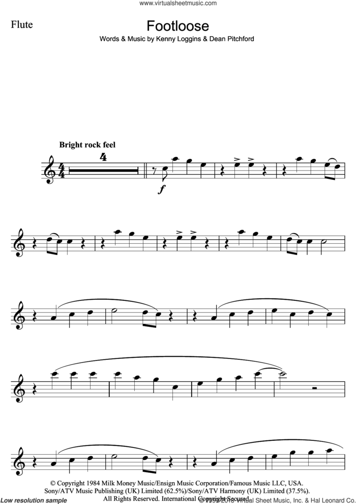 Footloose sheet music for flute solo by Kenny Loggins and Dean Pitchford, intermediate skill level